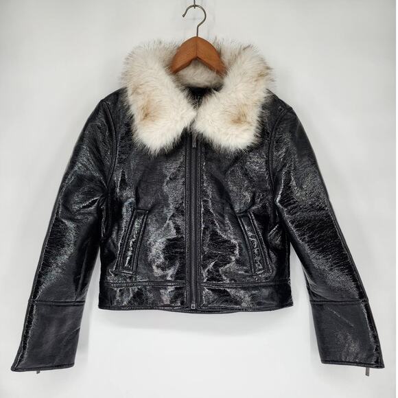 Unreal Fur Wet Look Aviator Jacket Black Faux Leather & Fur Collar Women’s S - Picture 2 of 7